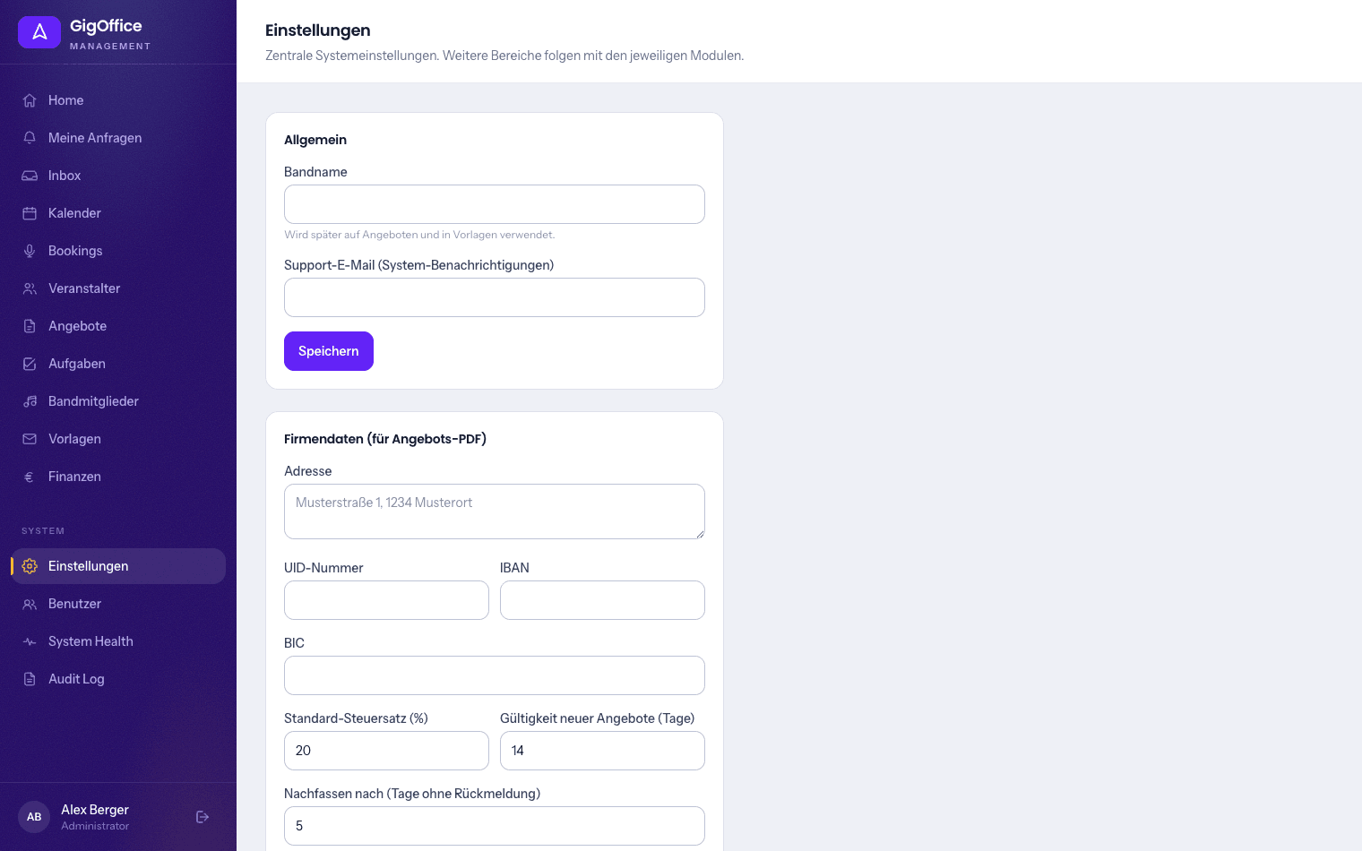 Einstellungen mit Postfach- und Kalenderanbindung