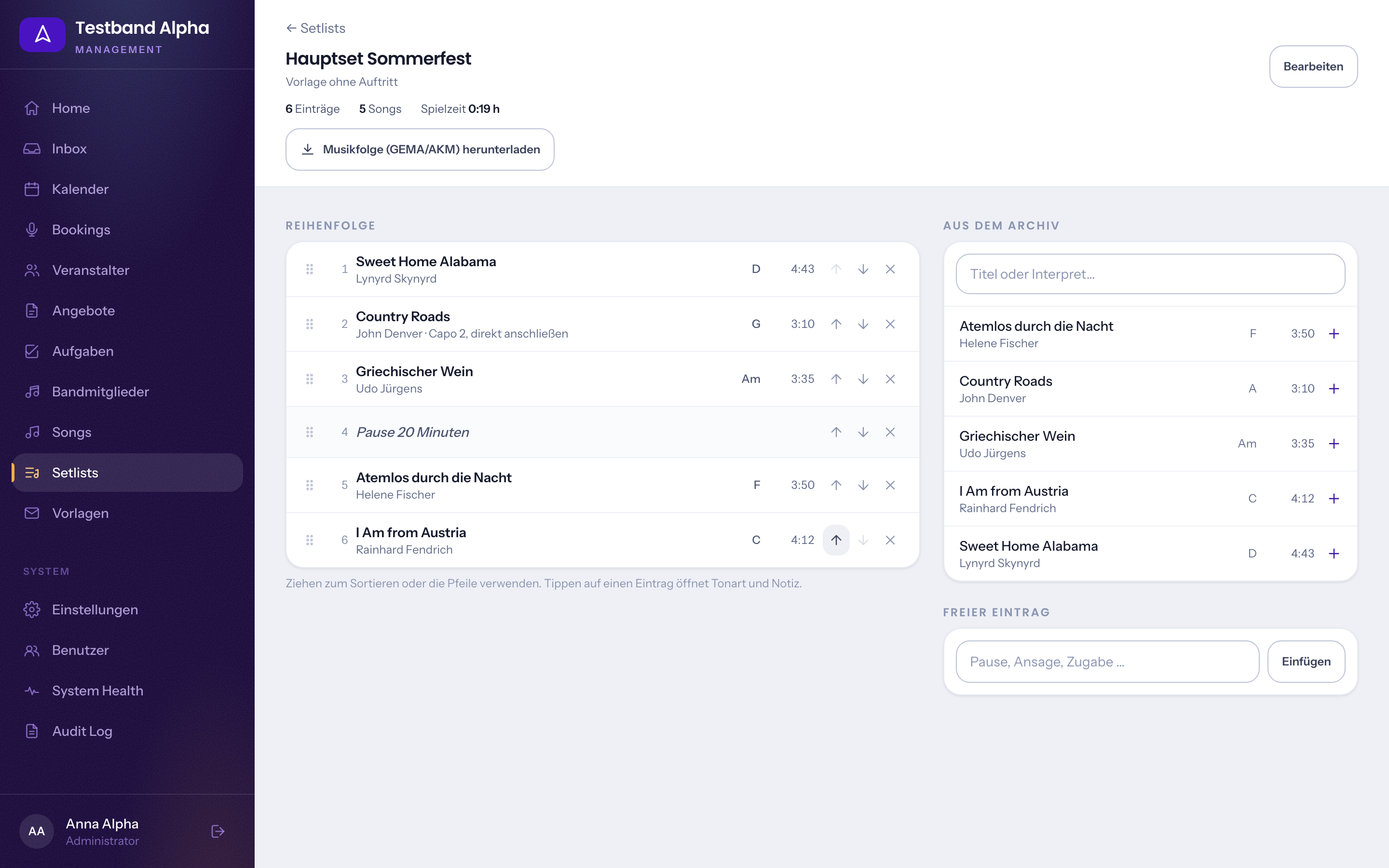 Setlist-Editor mit Reihenfolge, Spielzeit und Songarchiv